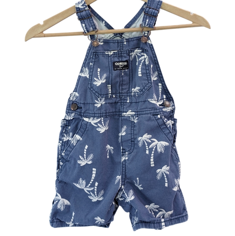 OshKosh Blue and White Palmtree Canvas Carpenter Shortalls - 24M